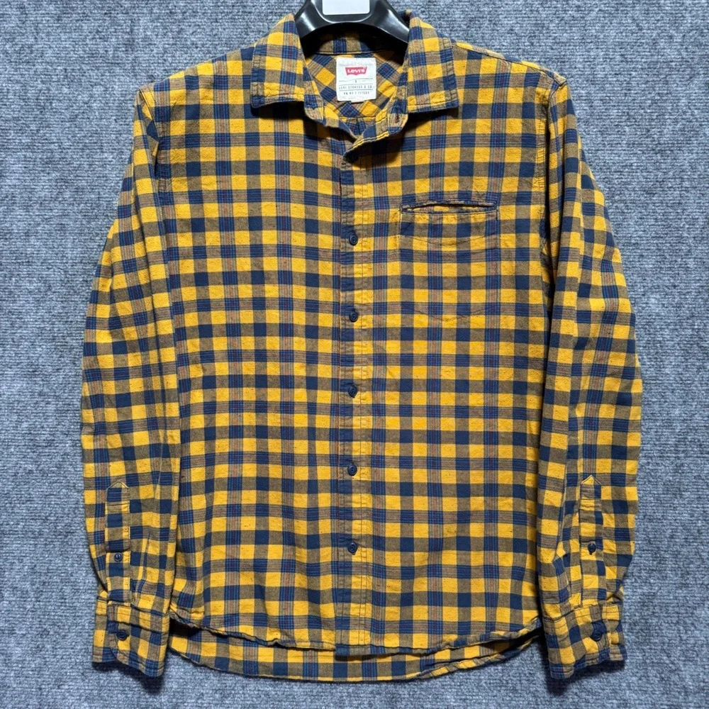 Levis Mens Small Yellow Navy Blue‎ Plaid Button Down Flannel Shirt 3LGW1305